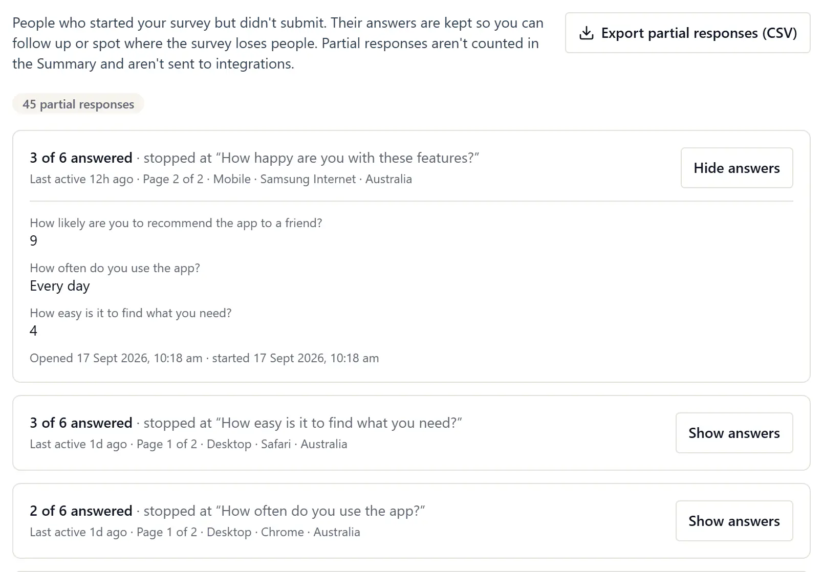 Partial responses: 45 people who started but didn't submit, each showing how many questions they answered, where they stopped, and their answers so far.